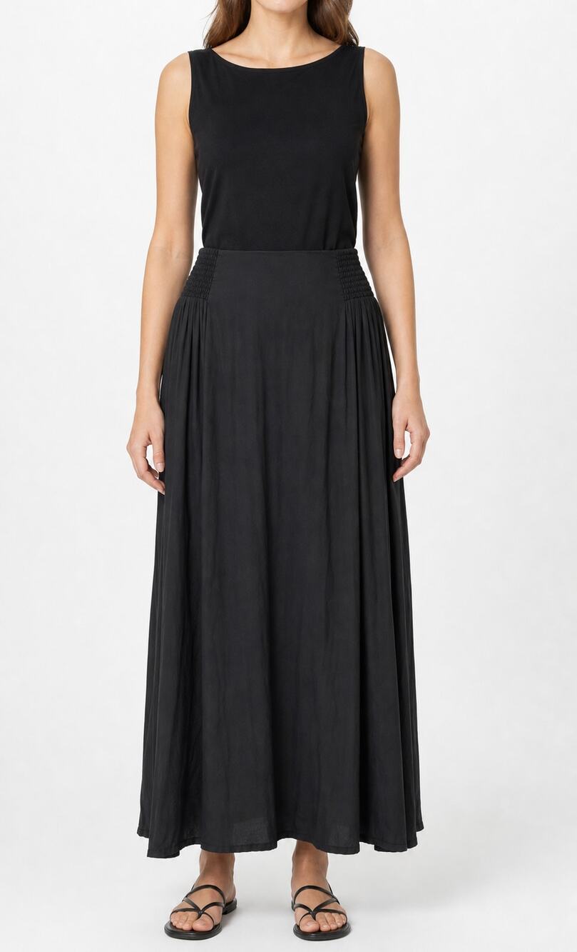 J. Jill Women's Black Smocked Waist Flowy Pleated Maxi Skirt Size L Lightweight
